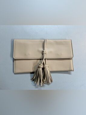 Lulus Clutch Bag Beige Faux Leather Tassel Chain Strap Crossbody Envelope